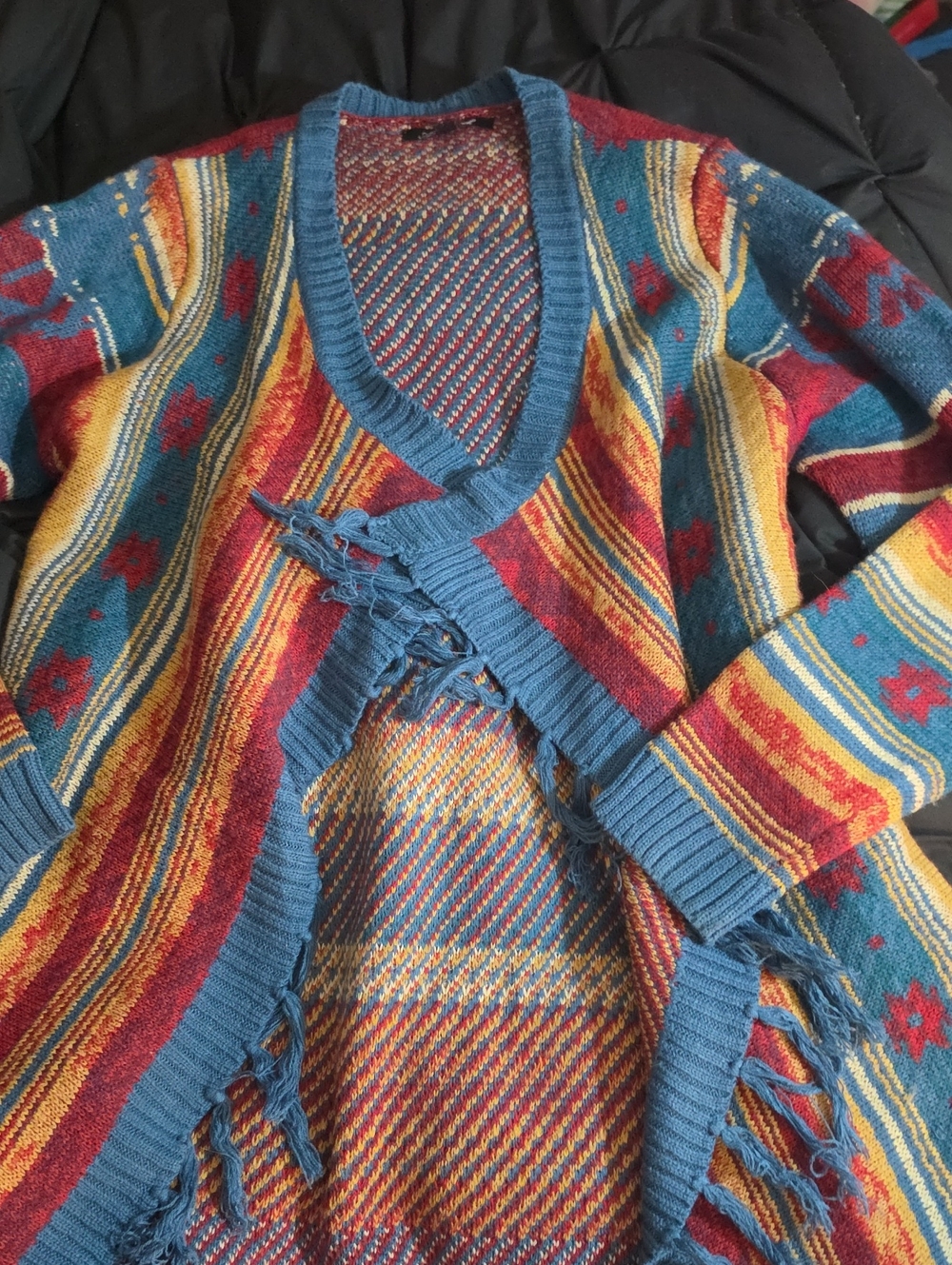 Bohemian Blue Multi-Striped Fringe Women's Sweater Cardigan Anne French Large